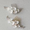SLBRIDAL Handmade Opal Crystal Rhinestone Pearls Ceramic Flower Bridal Hair Comb Earrings Wedding Hair Accessories Women Jewelry