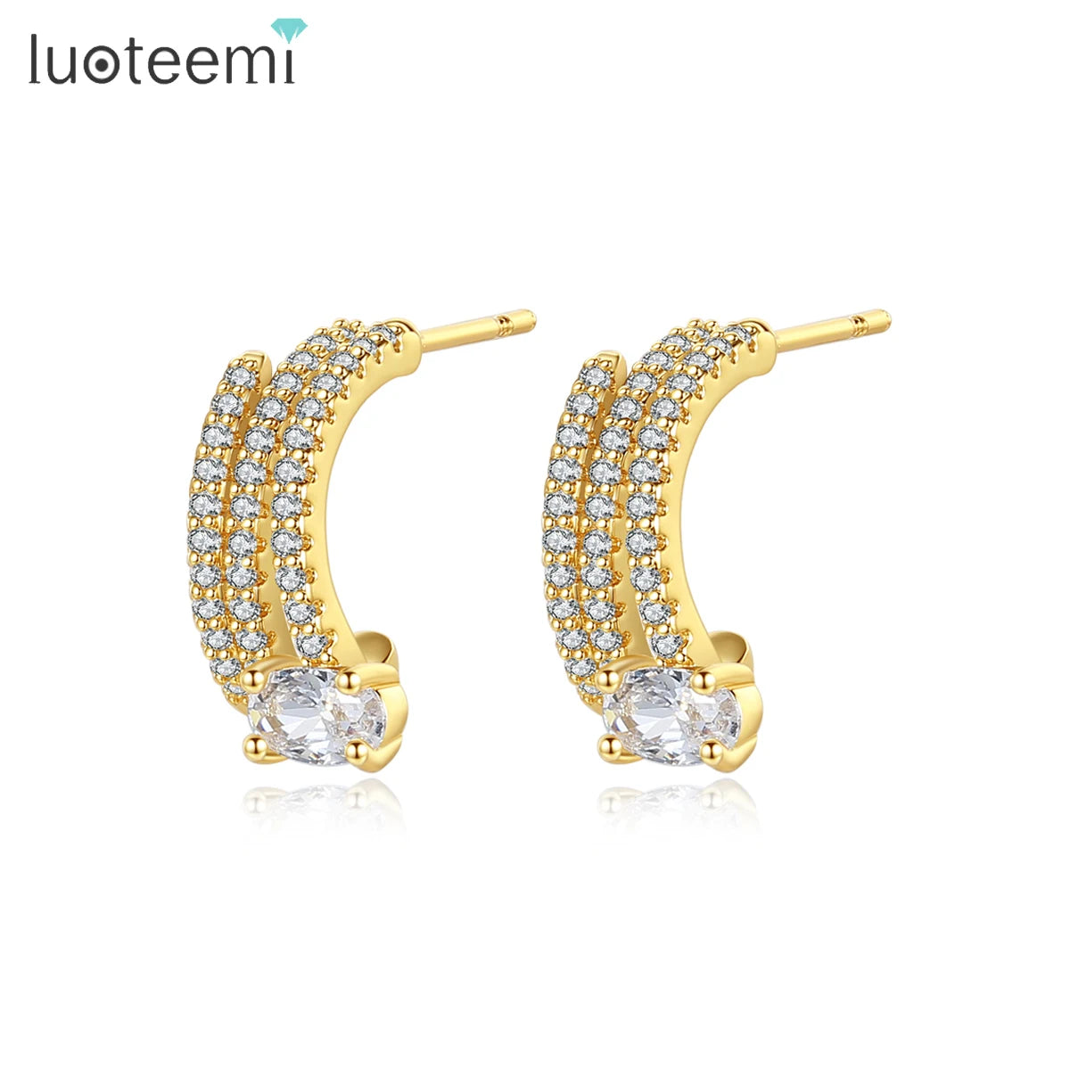 LUOTEEMI Woman Stud Popular Earing Cubic Zirconia Jewelry European Fashion Gold Plated C Shape Earring