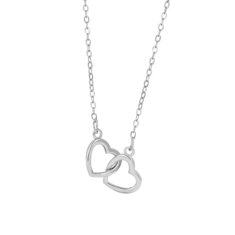 Simple Korean Fashion Pure 925 Sterling Silver Clavicle Chain Double Hearts Pendant Necklace for Women Girls Jewelry