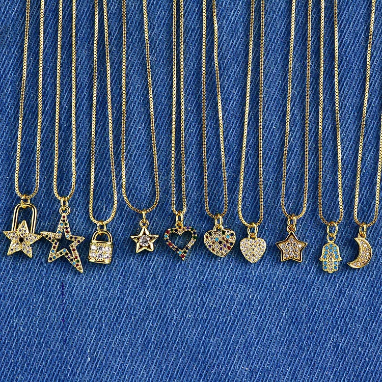 NZ1112 Dainty Mini Zircon Charm Necklace 18k Gold Minimal Women Jewelry Diamond Star Heart Lock Pendant Chain Necklace MegaBDM
