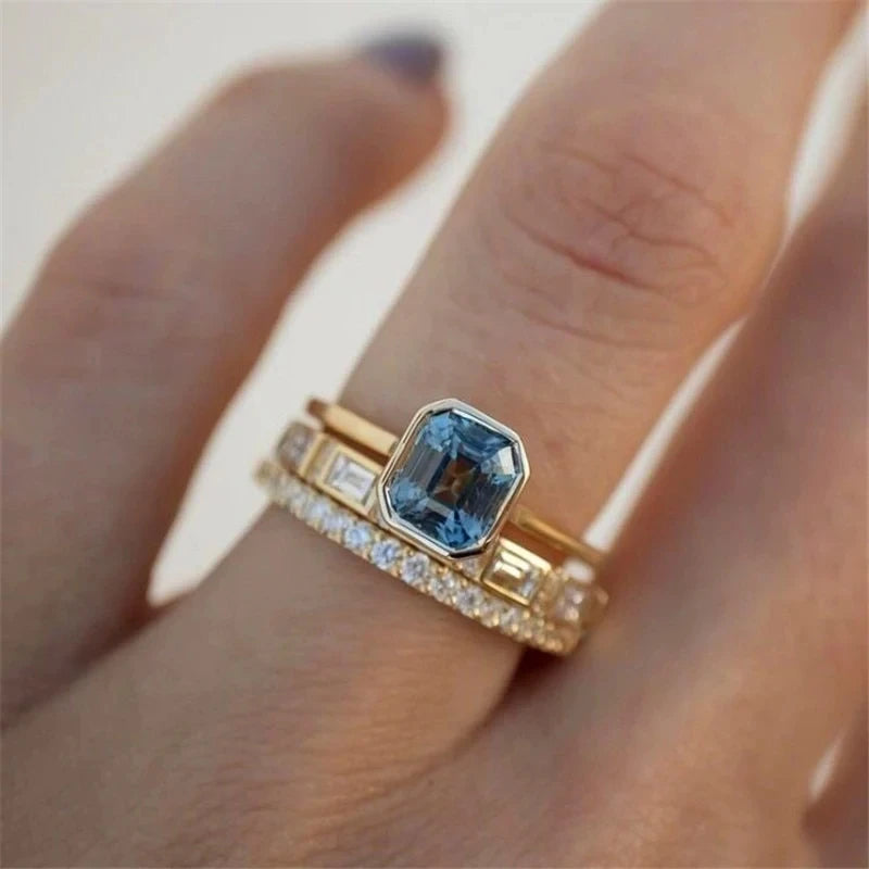 CAOSHI Luxury Square Shaped Light Blue Crystal Cubic Zirconia Gold Plated 3pcs Set Rings for High Quality Women CZ Wedding Rings
