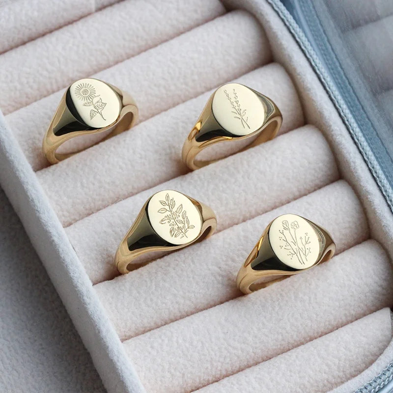 YF2290 Wholesale Fashion Personalized 18k PVD Gold Plated Sunflower Signet Ring Stainless Steel Engraved Ring