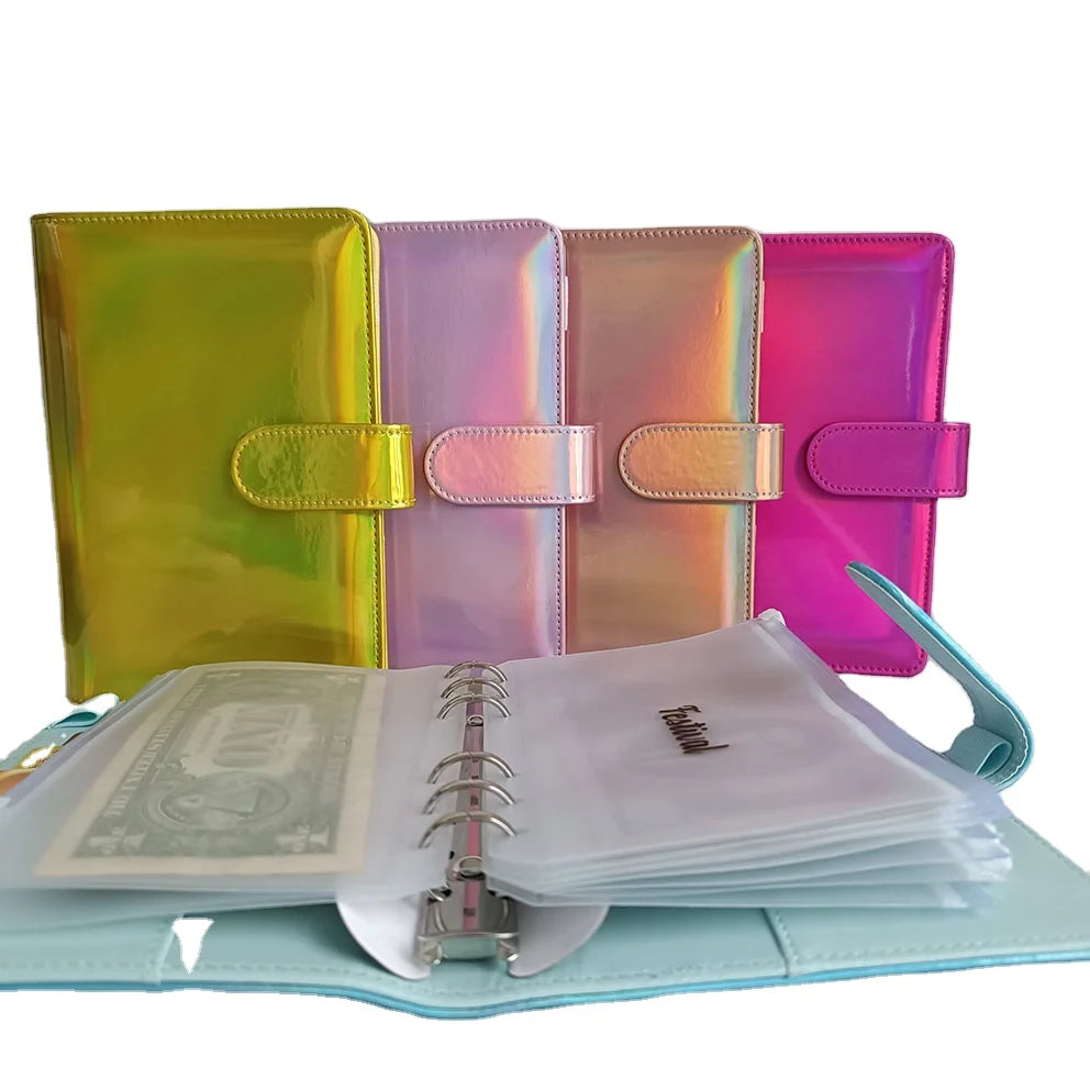Wholesale Portable Silver Ring A5 A6 Holographic Leather Money Wallet Saver Cover Customize Book Cash Envelope Budget Binder