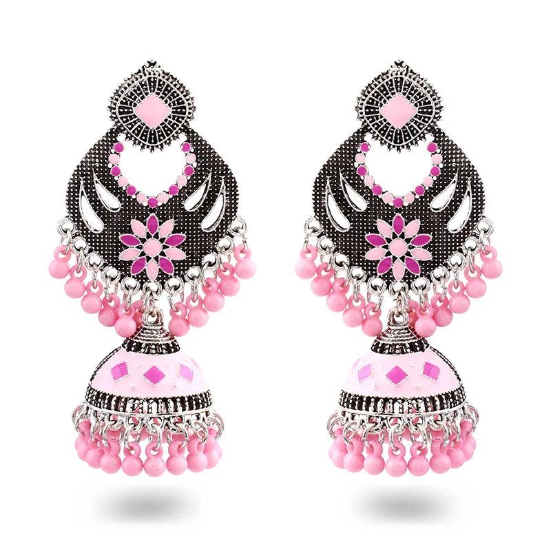 Exotic Bell Ball Tassel Jewelry Jumka Bollywood Kundan TraditionaL Jhumka Indian Gold Plated Enamel Dangling Earrings for Women