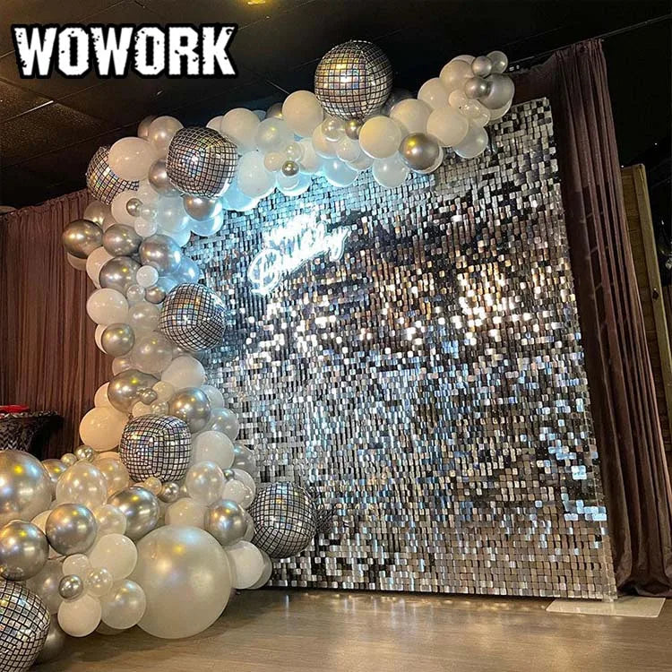 WOWORK Silver Shimmer Sequin Wall Panels Glitter Mirror Backdrop for Wedding Birthday Party Photo Booth Event Stage Decoration