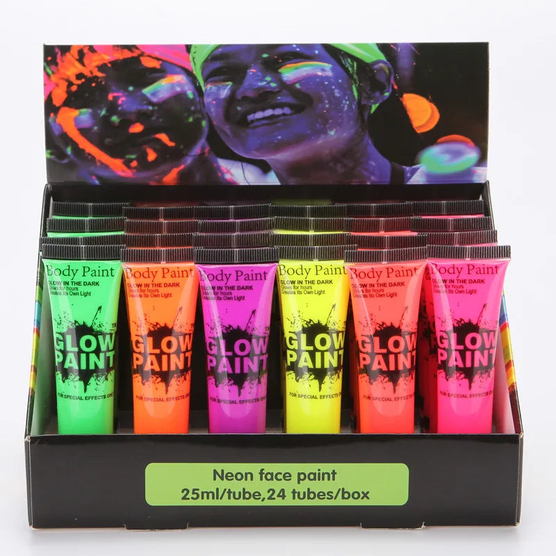 24 Tubes 10ml Art Body Paint Glow in Dark or UV Light Face & Body Paint with 6 Colors Glow Blacklight for Party or Anniversary