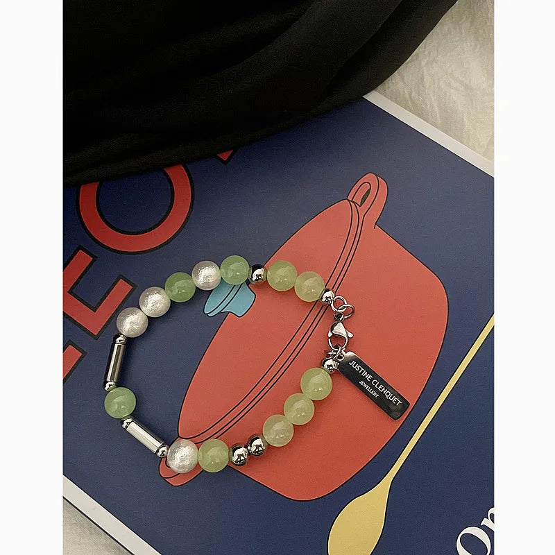 Grape Stone Pearl Natural Stone Stainless Steel Chain Bracelet logo Pendant STB030