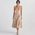 Vacation Beach Floral Print Spaghetti Strap a Line Bustier Dresses Cowl Neck Crisscross High Slit Midi Sundress