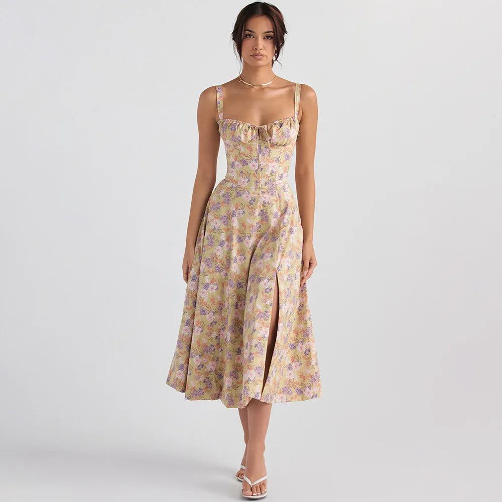 Vacation Beach Floral Print Spaghetti Strap a Line Bustier Dresses Cowl Neck Crisscross High Slit Midi Sundress
