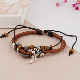 Multi-layer Cross Pendants Leather Braided Bracelet Charm Women Men Gift KIB133