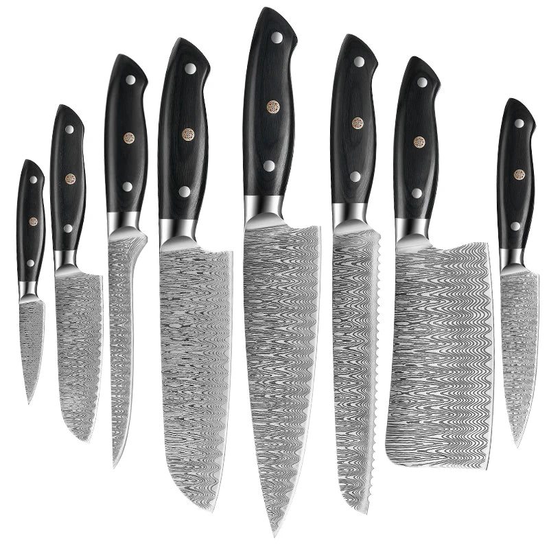 8 Pcs Luxurious Kitchen Knife Set Pakkawood Handle High-Polish Finish 5Cr15 Mov Steel Chef Cleaver Santoku Boning Utility Paring