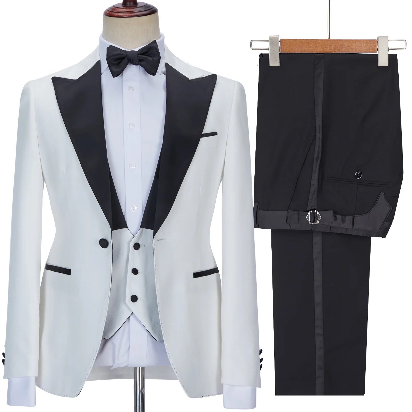 2023 New Office Suit Berm Barge Collar Black Champagne One Button Jacket Pants 3 Pieces Latest Groomsmen Suits With Trace MMA403