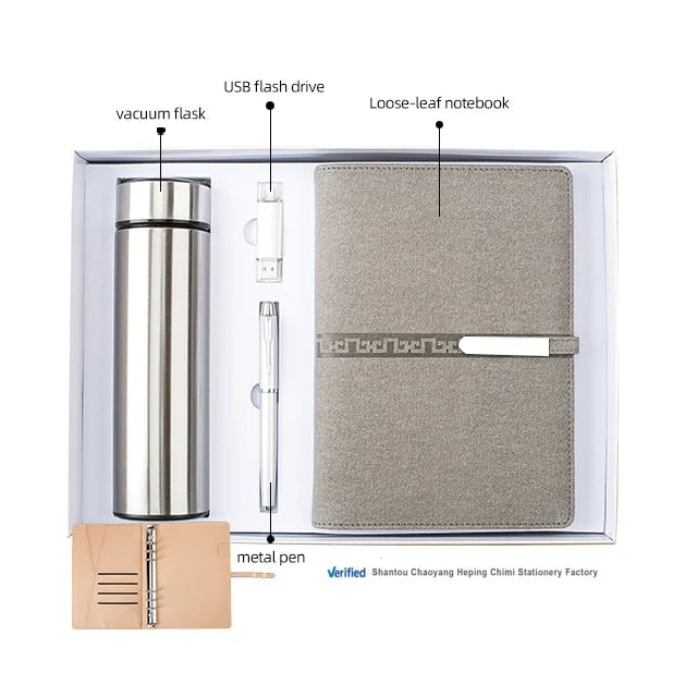 Loose-leaf A5 Long Silver Buckle Leather Cover Notebook + 500ml Stainless Steel Vacuum Flask + Metal Pen + Business Gift Set