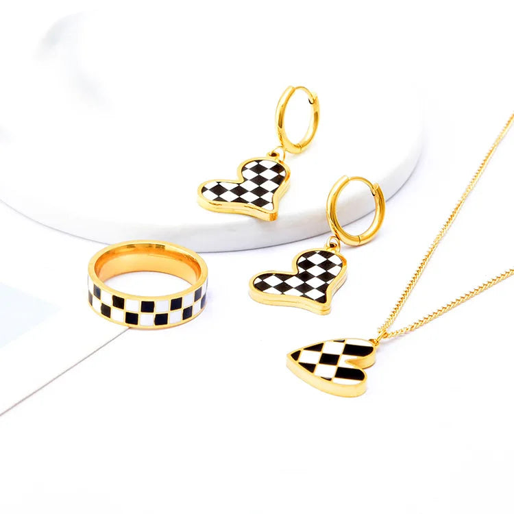 2022 New Trend Black and White Checkerboard Stainless Steel 18k Gold-plated Drip Glaze Women's Necklace Set Ornaments