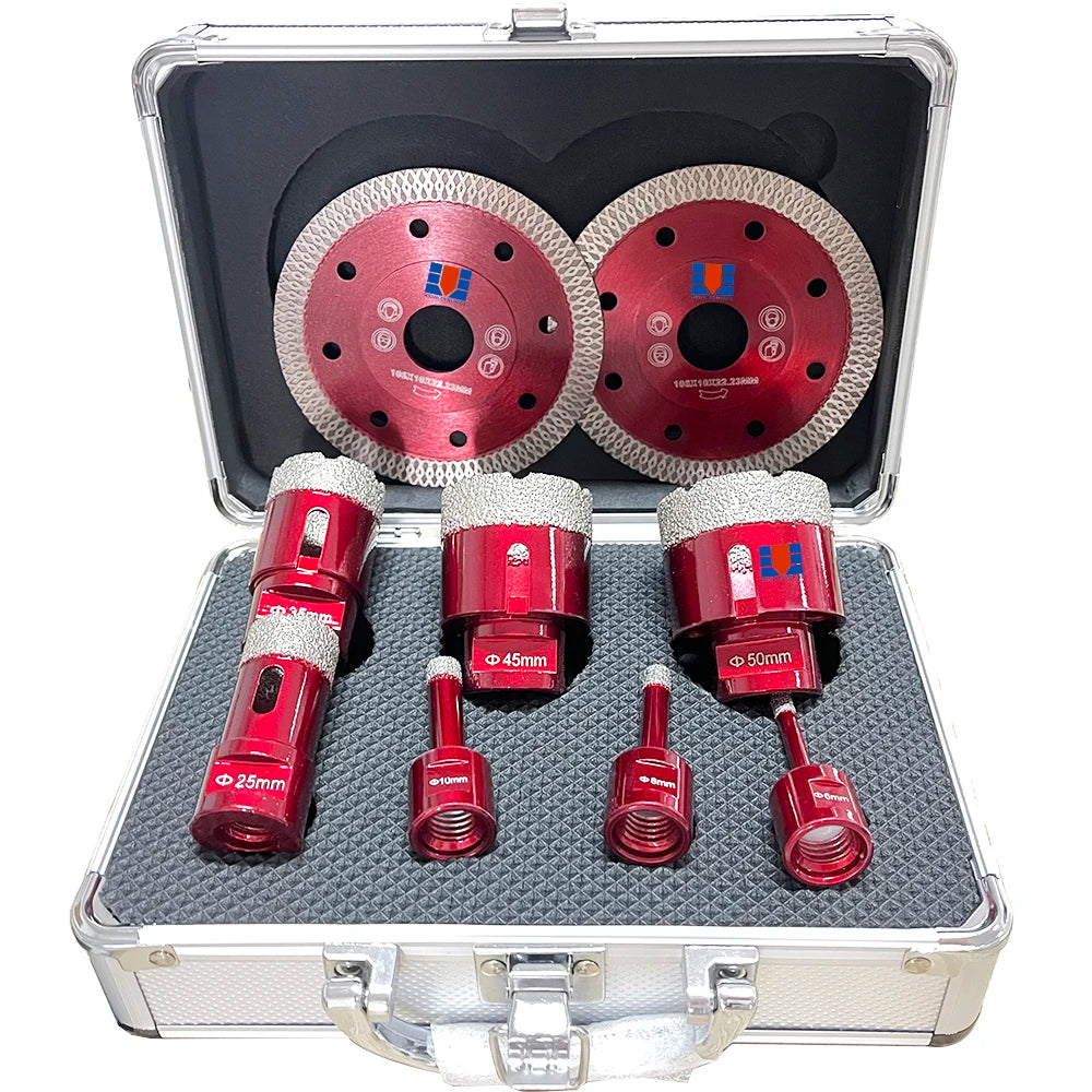 Most Popular Vacuum Brazed Diamond Drill Bit Set Kit with 8 Drill Bits (20/25/32/35/40/50/60/68 Mm) and 2 Diamond Blades