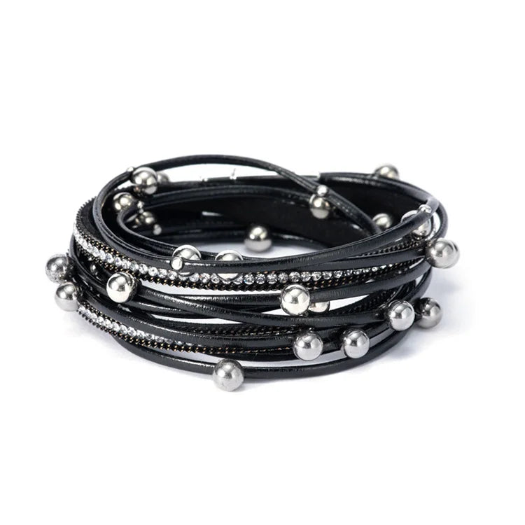 European American Popular Leather Bead Bracelet Personalized Multi-layer Leather Bracelet Magnetic Clasp Leather Bracelet Women