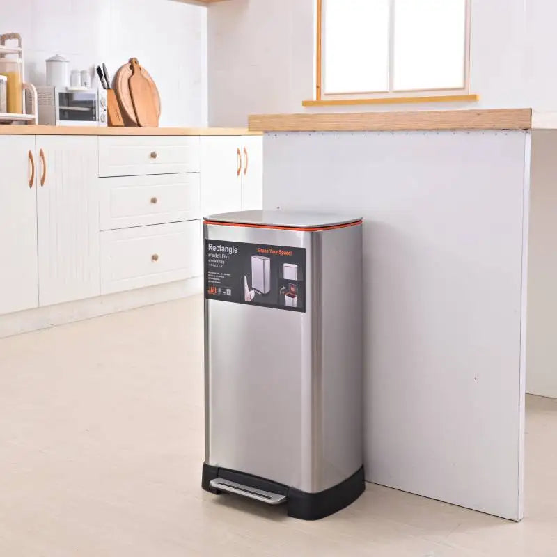 30-Liter Stainless Steel Pedal-Operated Electric Waste Bin for Outdoor Home Use Modern Rectangular Design Standing Structure