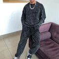 Custom Logo Mens Two Pieces Long Sleeved Crewneck Pullover Unisex Vintage Oversized Acid Wash Tracksuit Set