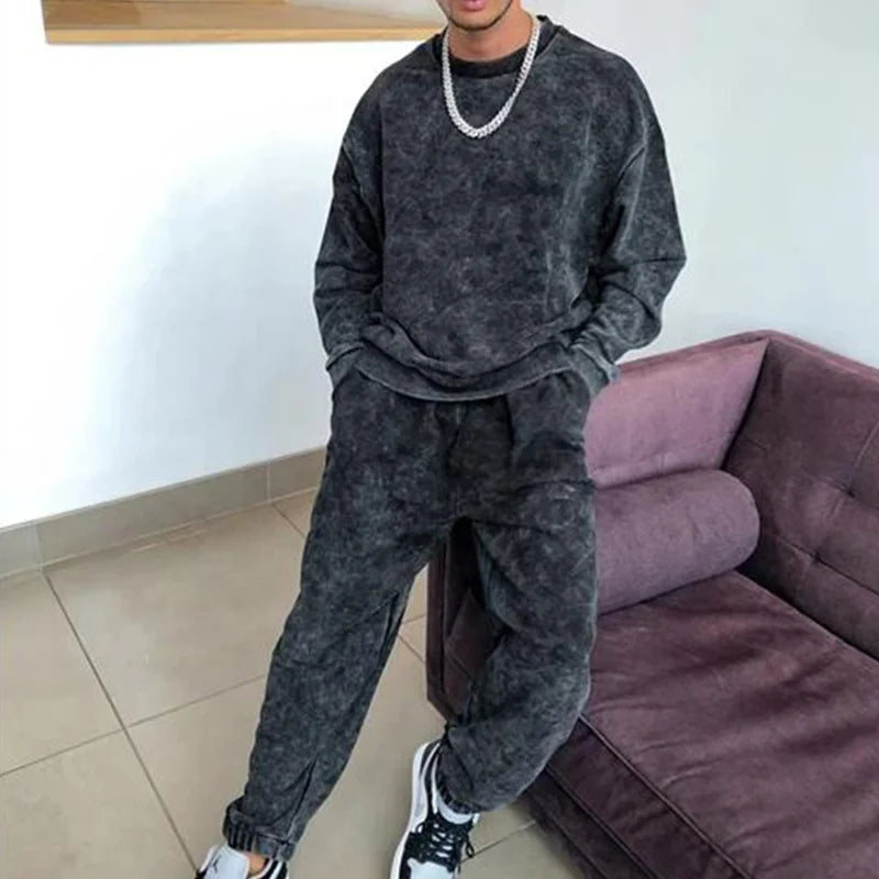 Custom Logo Mens Two Pieces Long Sleeved Crewneck Pullover Unisex Vintage Oversized Acid Wash Tracksuit Set