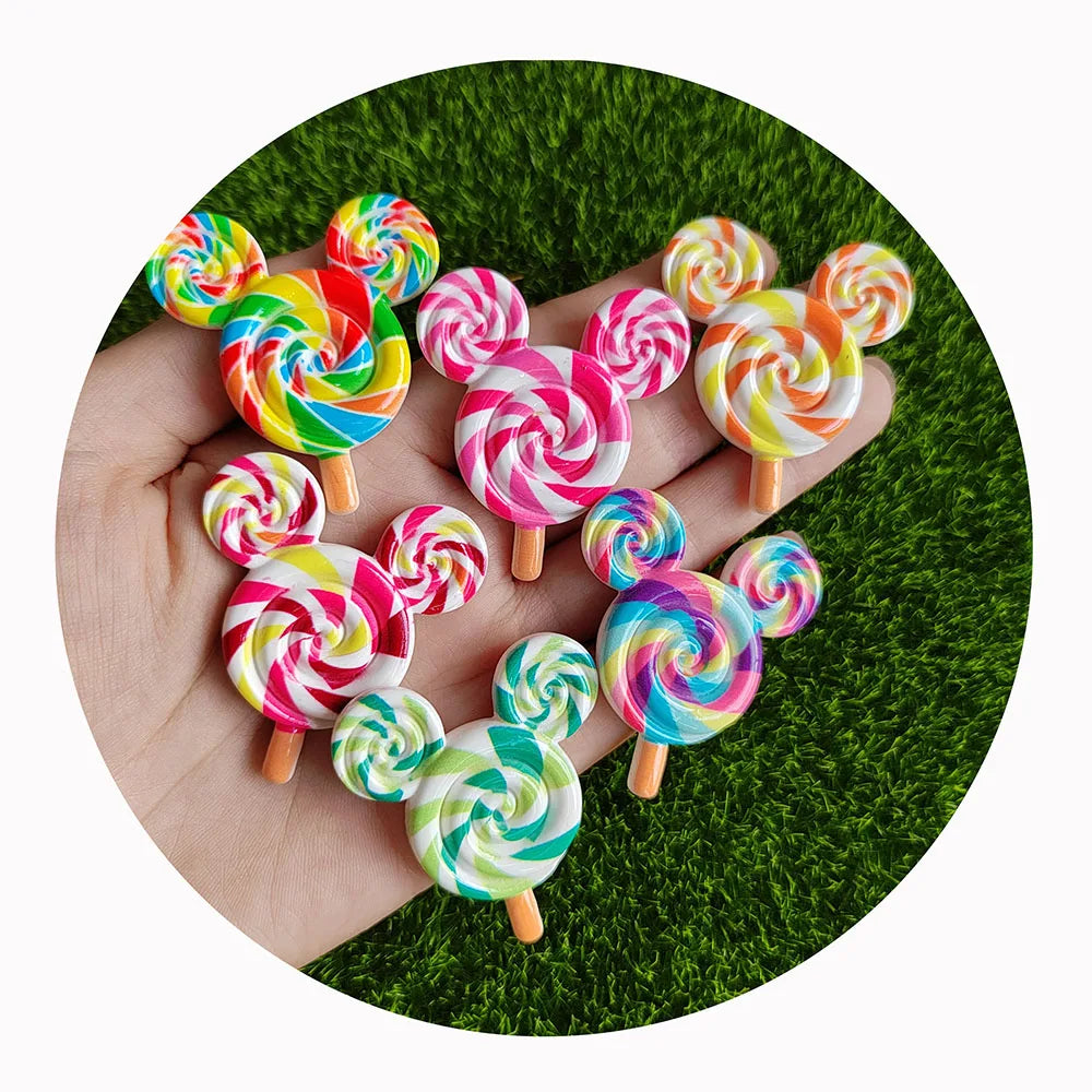 Kawaii Rainbow Color Resin Mouse Head Lollipop Candy Sweet Flatback Beads Cabochons for Scrapbooking Home Party Decor Supplies