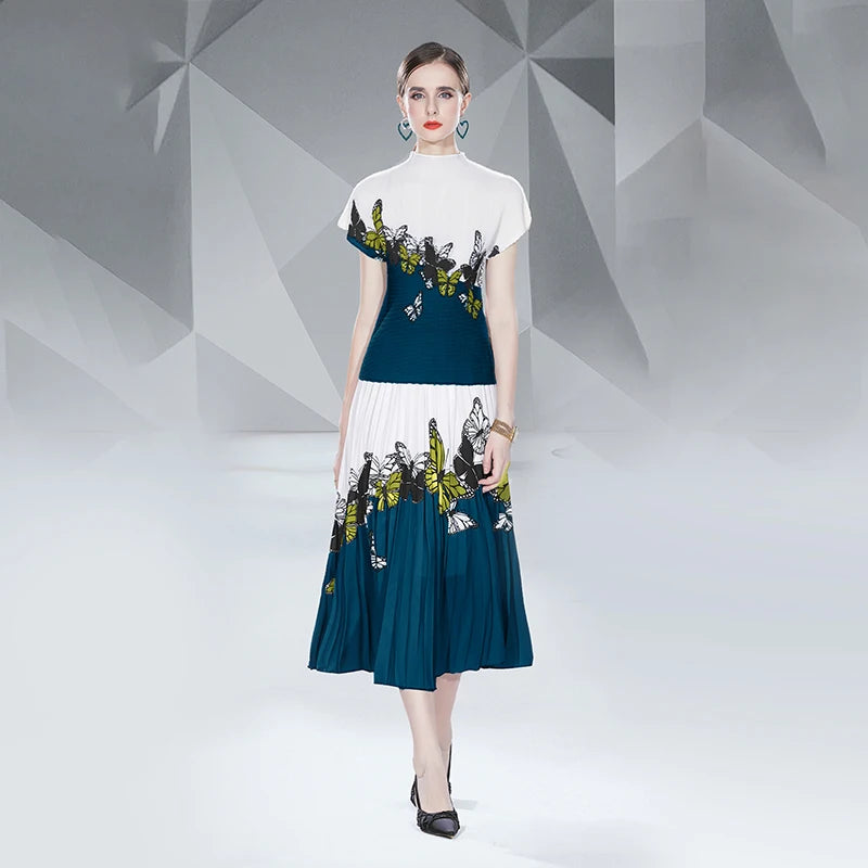 Summer New Women's Chiffon Pleated Casual Plus Size Turtleneck Short Sleeve Natural Waist Woven Umbrella Dress Set