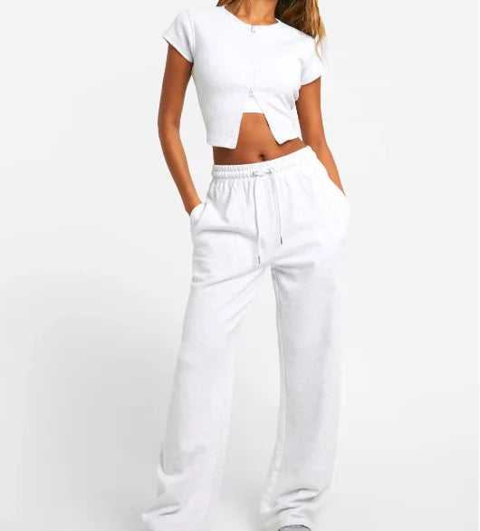 High-quality Women's Summer Fashion Soft Short Sleeve Rib Zip Top and Straight Leg Pant Set