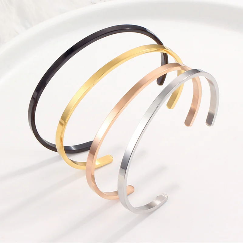 Personalized Couple Bracelets Custom Engraved Message Statement Bracelet 4mm Cuff Bracelet Women Dainty Jewelry