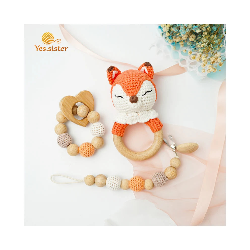 New Trend 100% Handmade Soft Toy Crochet Fox Baby Wooden Rattle Set Unisex Cotton & Beechwood Certified Safe