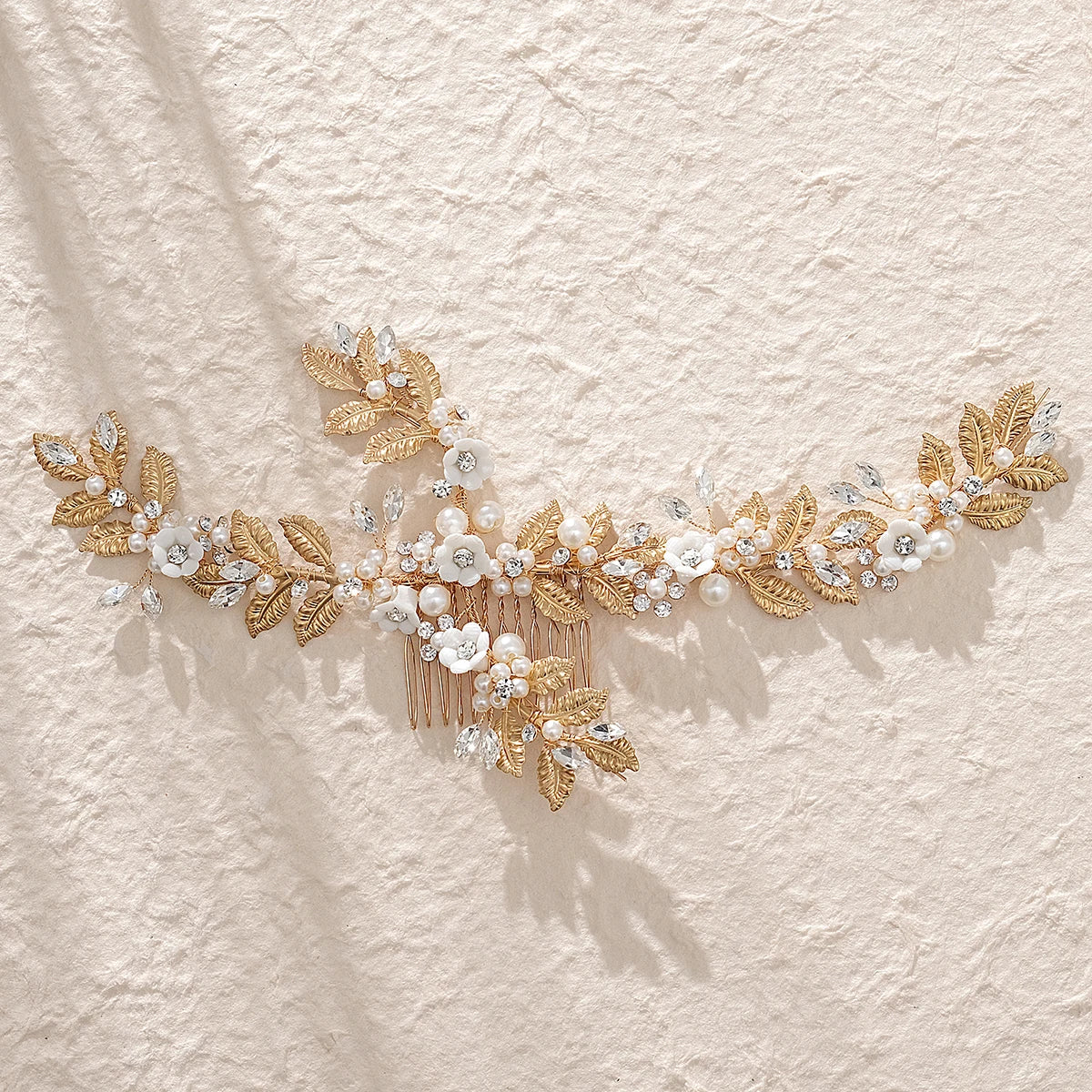 Princess Fancy Metal Leaves and Ceramic Flowers with Crystal and Pearl Bridal Hair Comb Hairband Hair Accessories