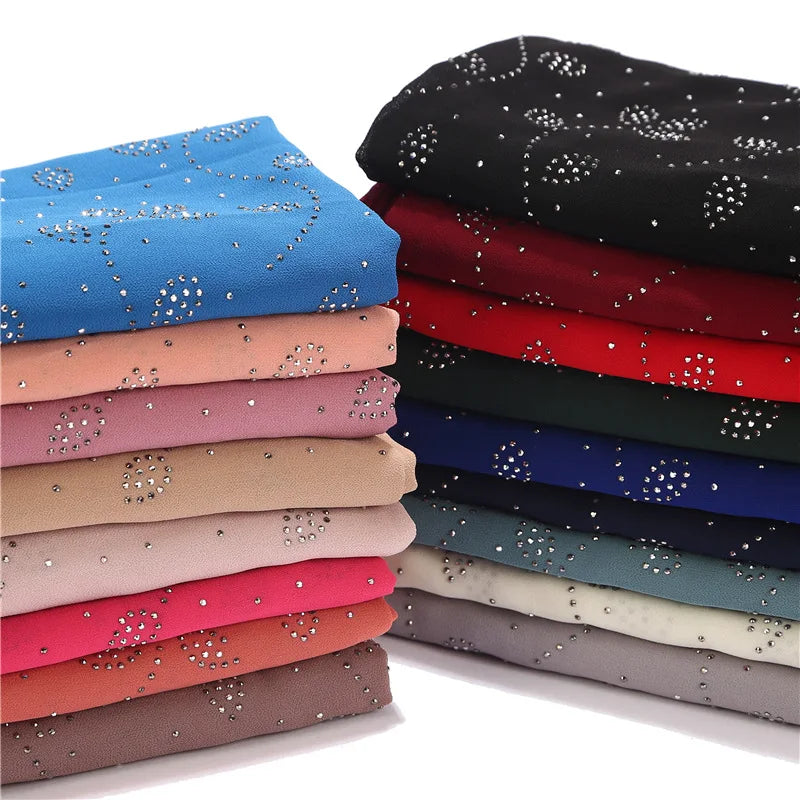 CCY Muslim Ethnic Hijabs Chiffon Leaf Stone Scarfs Women's Hijab Shawls for Malay Indonesian Islamic Musulman Turban Head Scarf