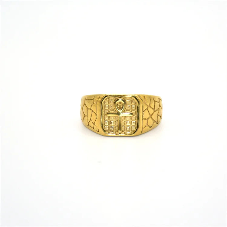 Non Tarnish Jewelry Waterproof Signet Ring Men Gold Plated Stainless Steel Ankh Cross Finger Rings