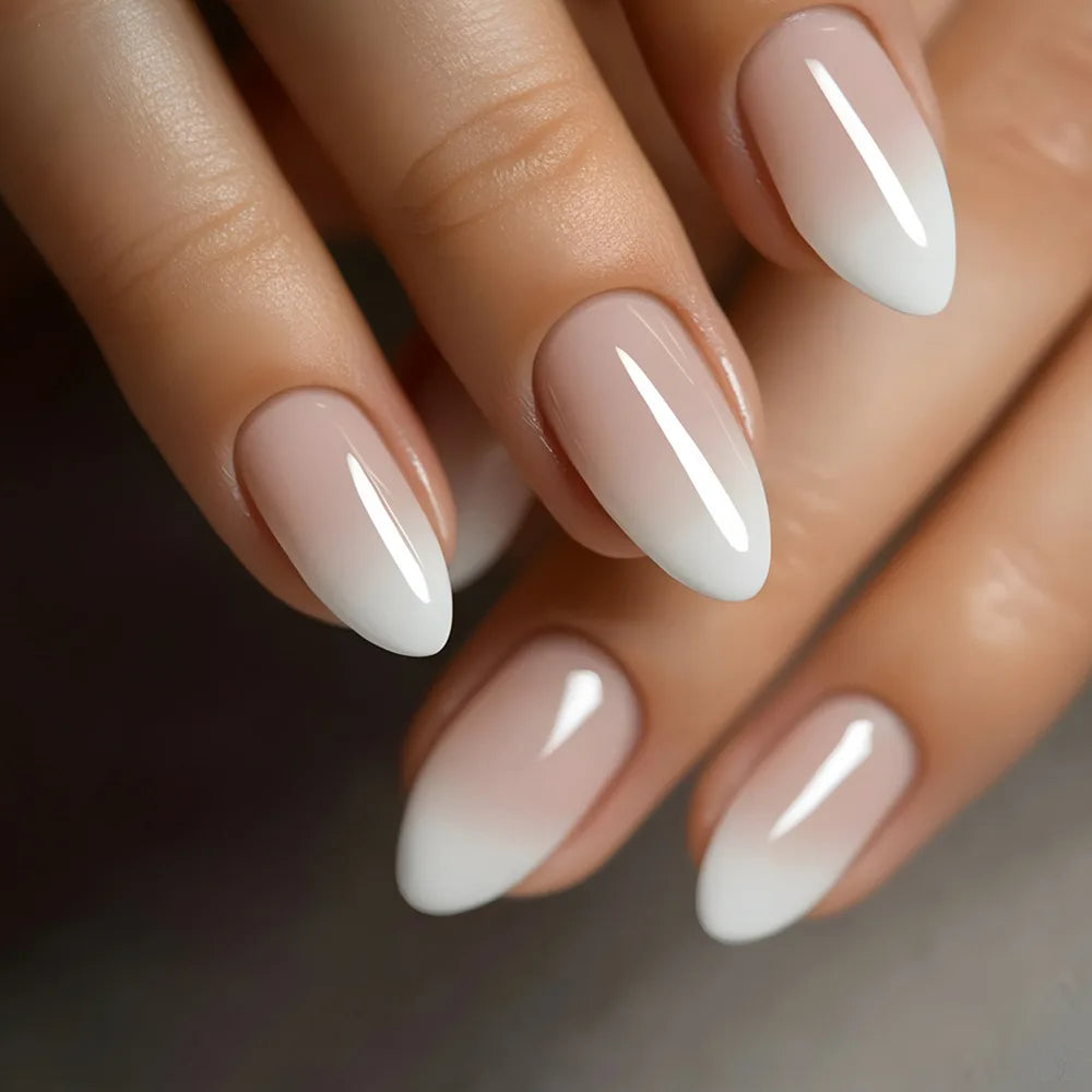 Wholesale Cheap 24pcs Medium Stiletto Oval Almond Gradient White Fake False Adhesive Nail Tips Press on Nail for Ladies