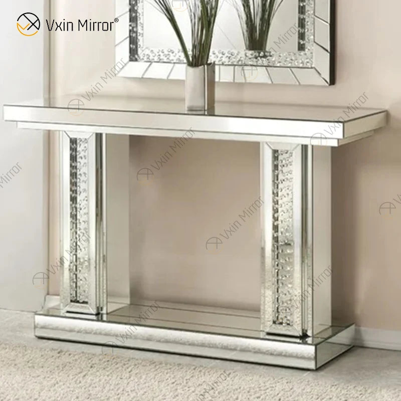 2022 Hot Sale Luxury Floating Crystal Mirrored Pillar Console Hall Hallway Table Mirror Console Table for Hallway Entry Home MegaBDM