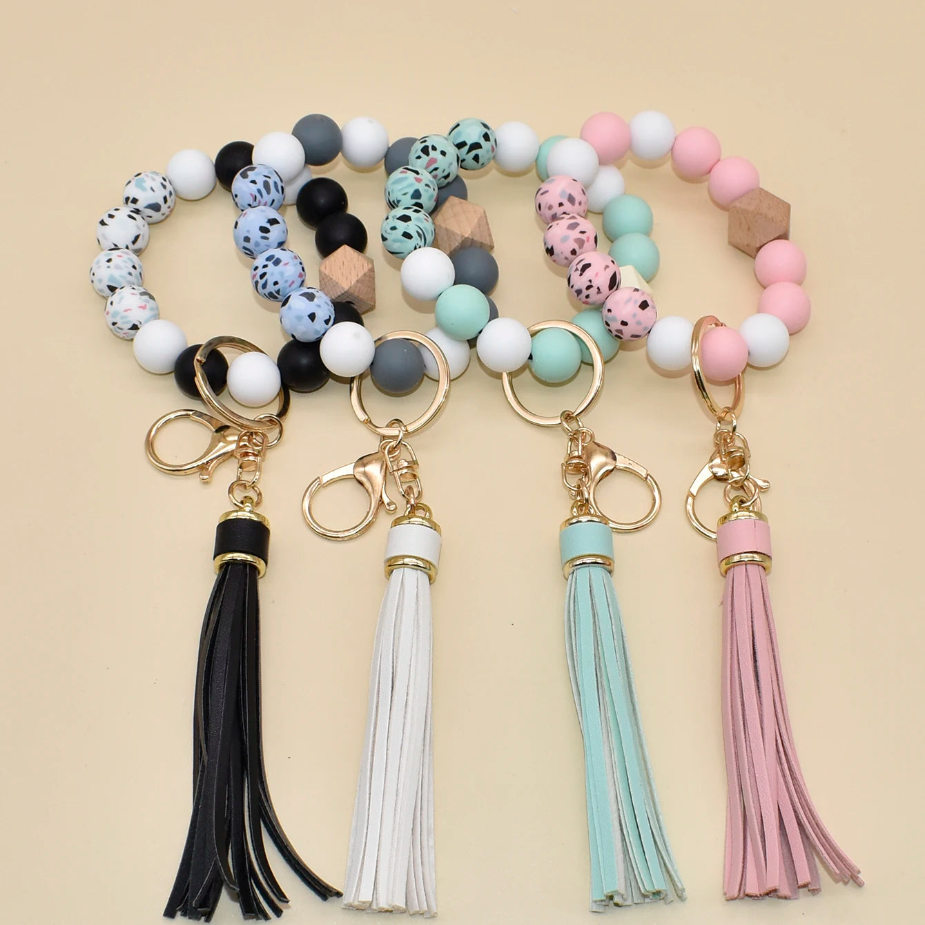 Colorful Silicone Beaded Key Chain Leather Tassel Wristlet Bracelet Keychain for Women Gift