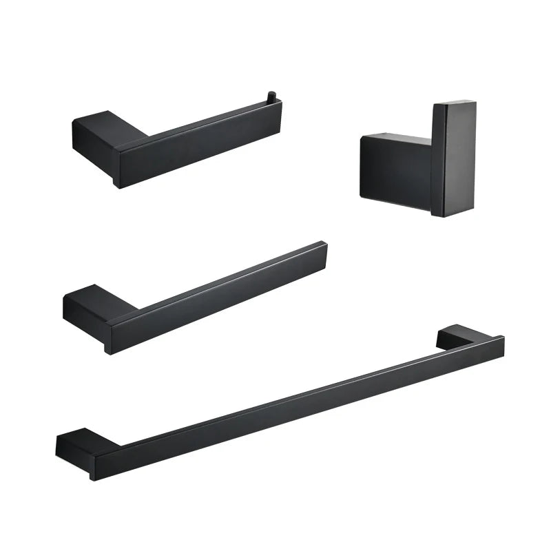 4-Piece Black Stainless Steel Wall-Mounted Bathroom Set Modern Square Toilet Accessories Kit for Hotel/Home Organization