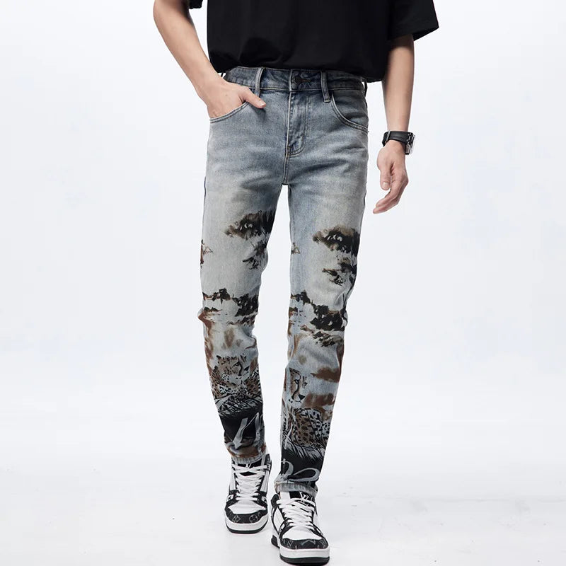 Blue Vintage Breathable Zipper Fly High Quality Streetwear Distressing Ripped Printing Fashion Design Jeans Autumn/Winter/Summer