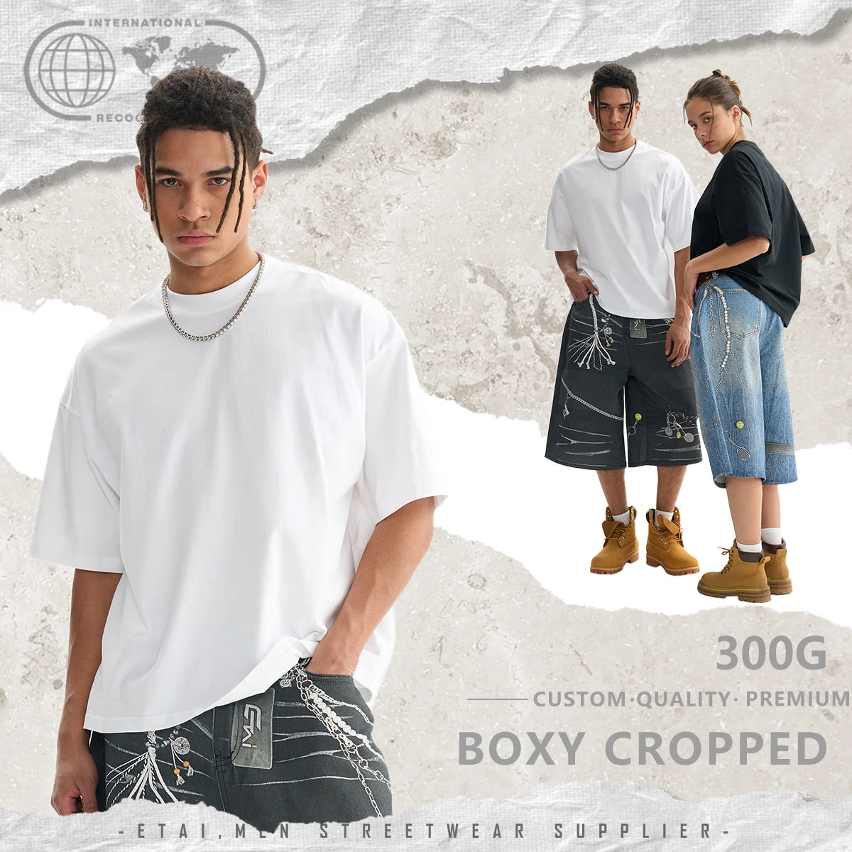 300Gsm Blank 100% Cotton Cropped Boxy Tshirt Oversized Drop Shoulder Men's Heavyweight T-shirt High Quality T Shirt for Men