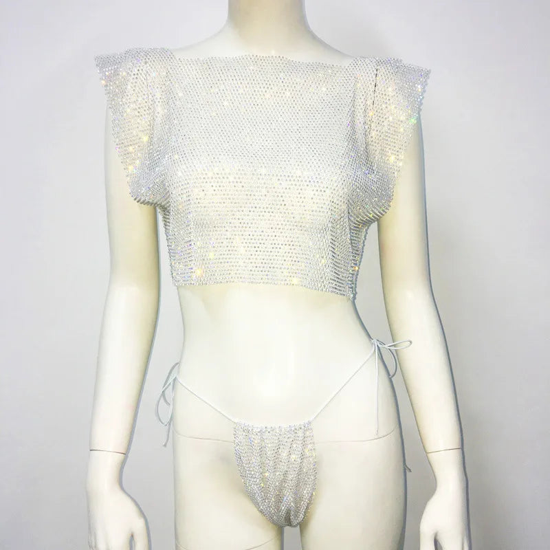 Hip Hop Fashion Sexy Diamond Top Mesh Flash Diamond Fishing Net Elastic T-shirt Small Flying Sleeve Fishing Net Mini Skirt Set