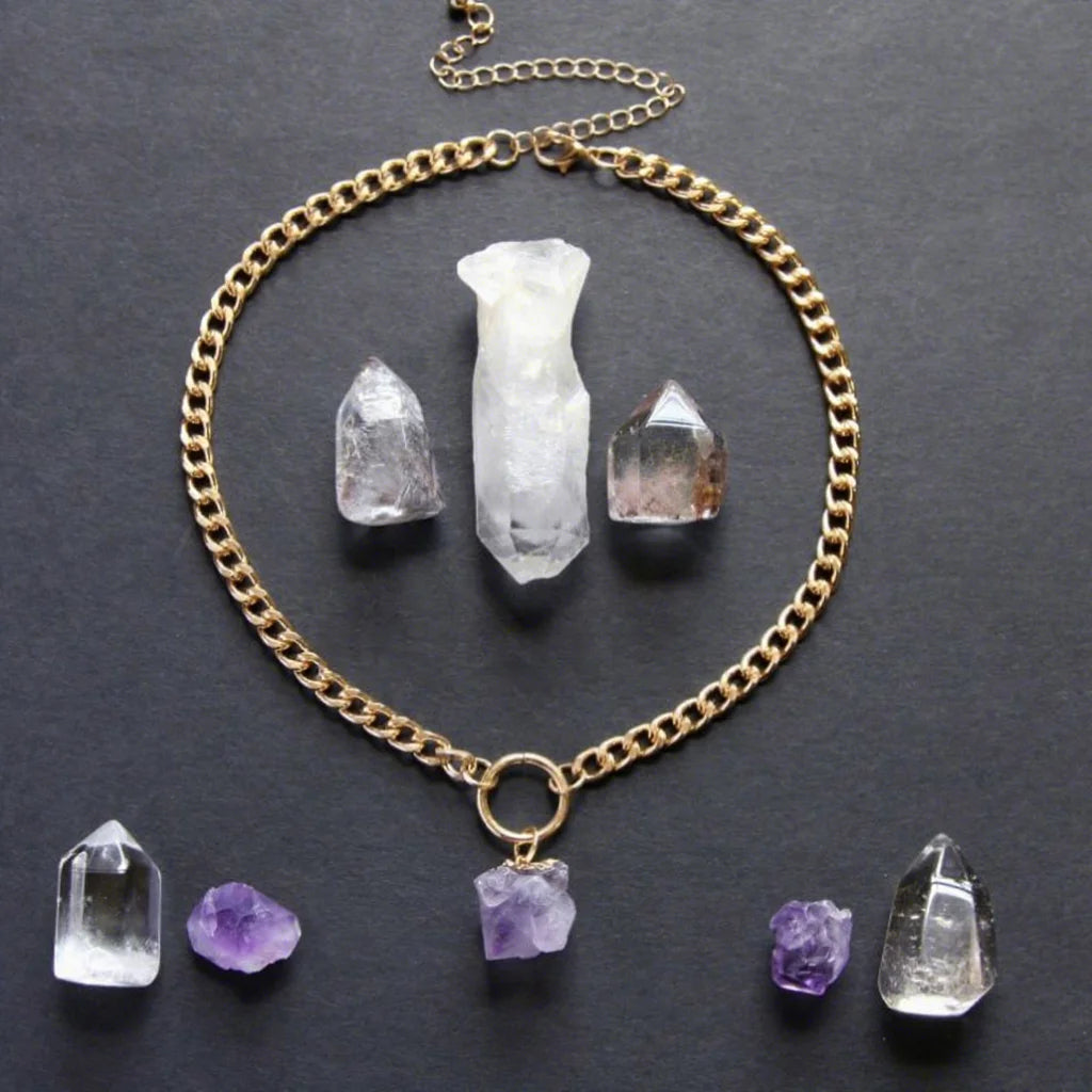 NM43749 Gold or Silver Dipped Amethyst Crystal Point Choker Necklace Stainless Steel Statement Jewelry
