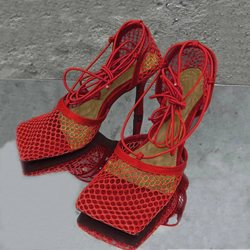 New Fashion Lace up Mesh Summer Women High Heel Sandals