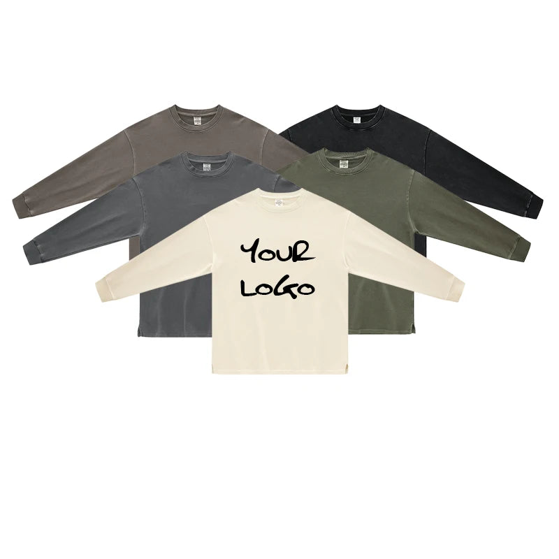 Custom Men's Cotton Washed 460gsm Oversized Long Sleeved T-Shirt O-Neck Blank Vintage   Long Sleeve