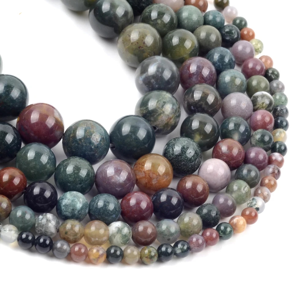 AsVrai U Round 4mm-12mm Natural Indian Agate Loose Stone Beads 15.5 Inches Jewelry Making Findings DIY Bracelet Handmade Crafts