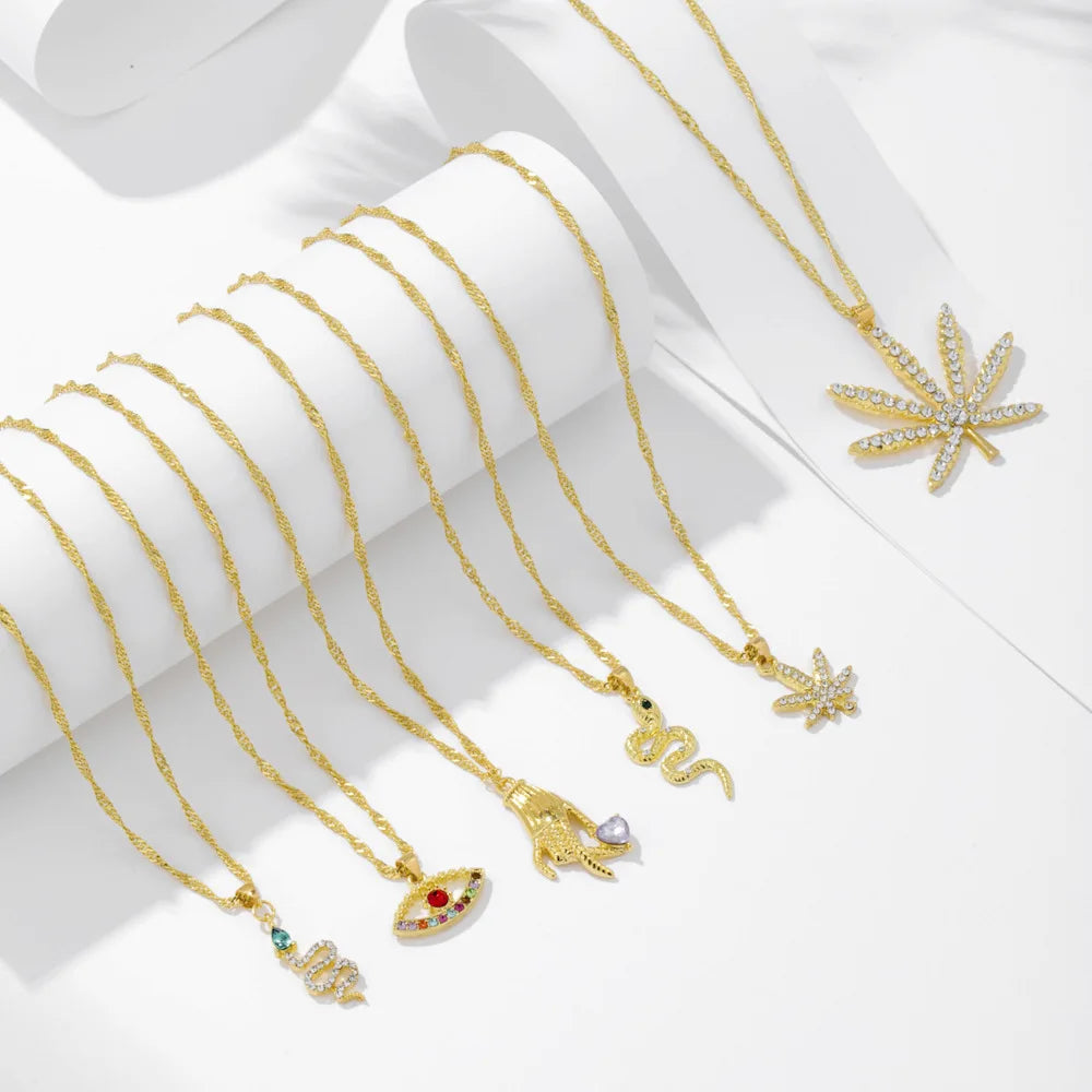 HOVANCI Original Gold Necklace 5 14k Saudi Gold Eye Letter Moon Maple Leaf Pendant Zircon Necklace