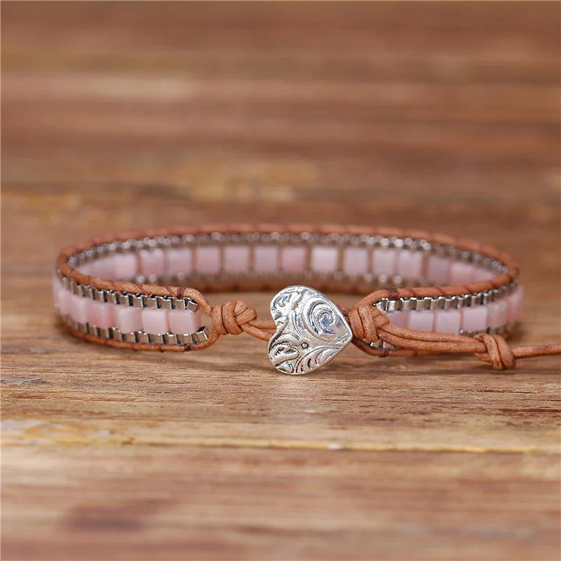 YueTong Natural Stone Bead Leather Wrap Bracelet Square Pink Opal Bead Cuff Bracelet Yoga Chain Bangle Jewelry Wholesale