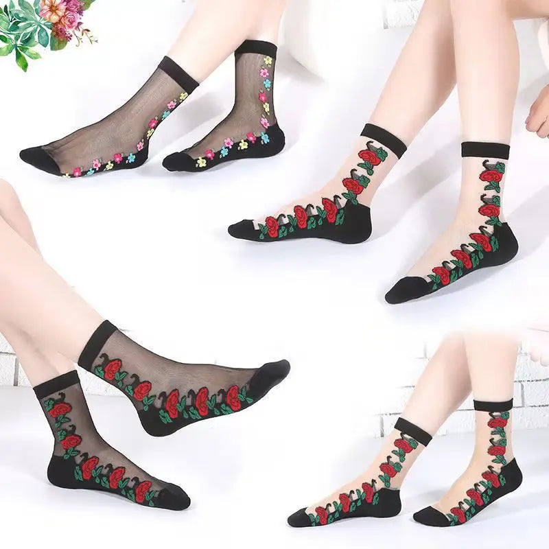 Wholesale Women Crew Socks Summer Breathable Fashion Thin Transparent Socks Flower Rose Cute Very Cheap Socks