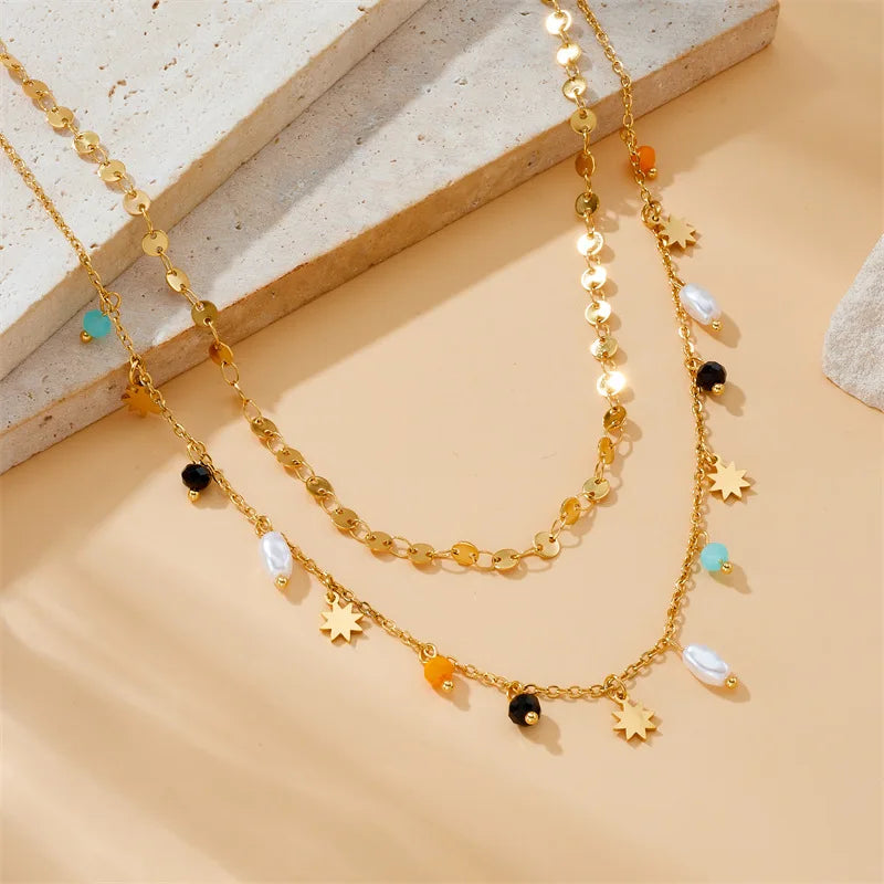 Women's High-Grade Stainless Steel Double-Layered Necklace Link Chain Colorful Geometric Beaded Star Pendant Classic Pearl Style