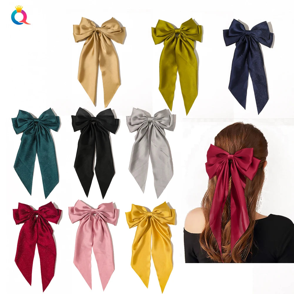 QIYUE Women Hair Ribbon Bow Knot Pure Color Satin Hair Bow with Metal Hair Clip