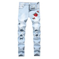 RNSHANGER Autumn Red Rose Embroidered Jeans for Men Casual Black Blue Stretch Pants for Men Fashion Denim Hole Trousers