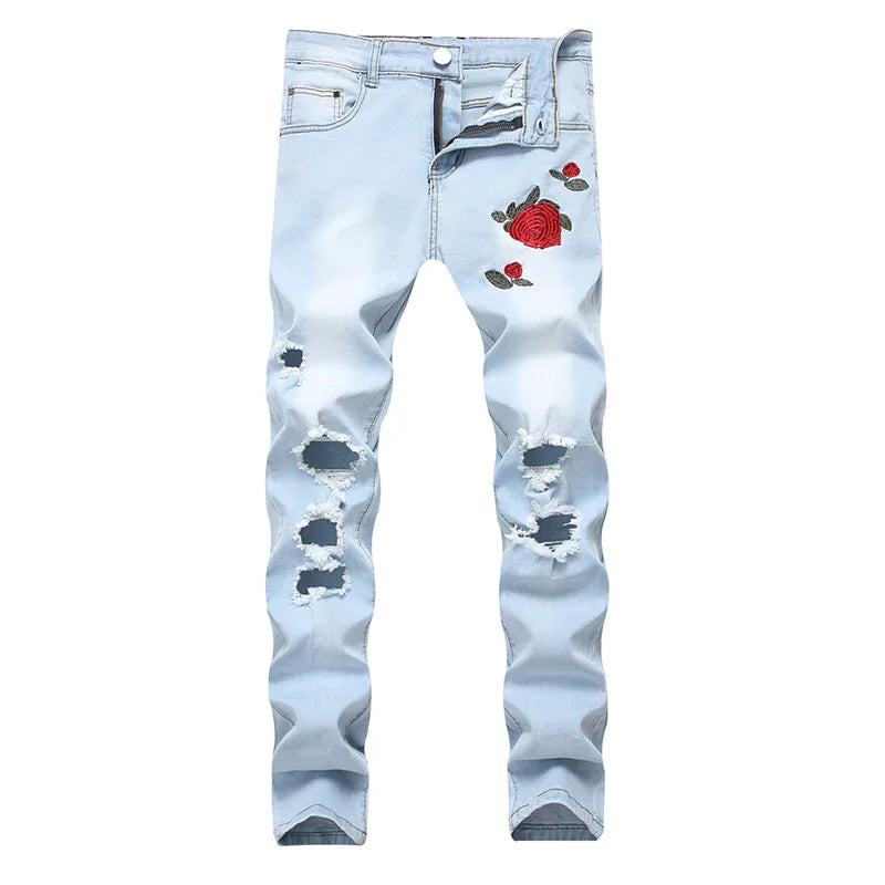 RNSHANGER Autumn Red Rose Embroidered Jeans for Men Casual Black Blue Stretch Pants for Men Fashion Denim Hole Trousers
