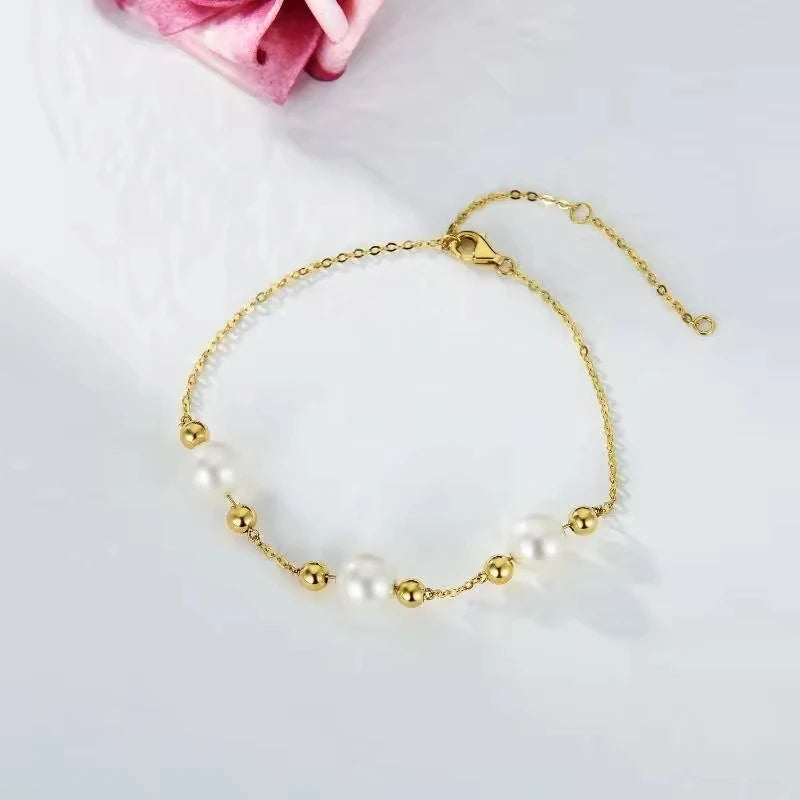 YFN Jewelry Design 7+2 Inch 14K Solid Gold Chain 4mm Gold Bead 8mm Freshwater Pearl Chain Bracelet